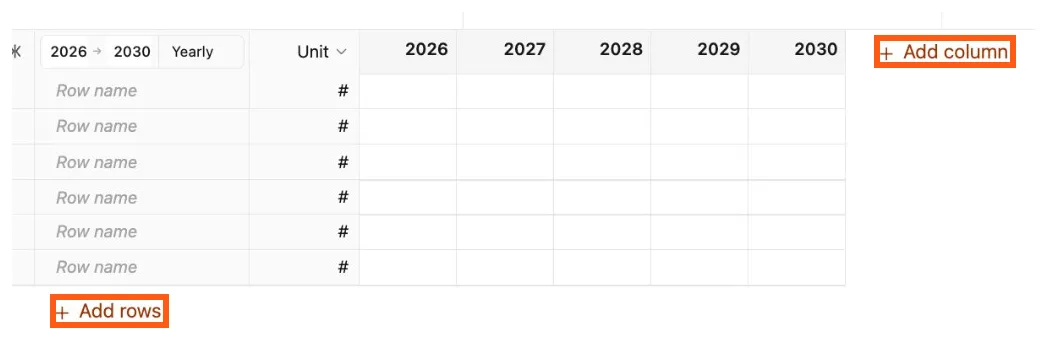 Add rows and add column buttons