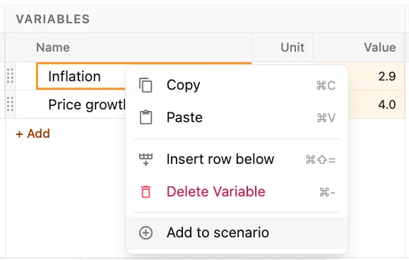 Add variable to scenario menu