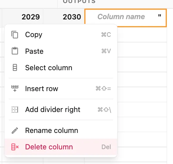 Delete column context menu