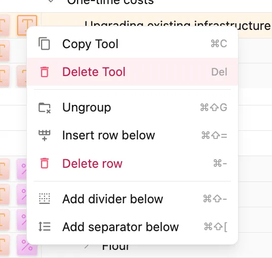 Right-click menu to delete tool