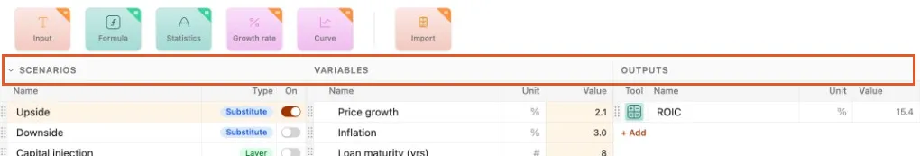 Model options header bar