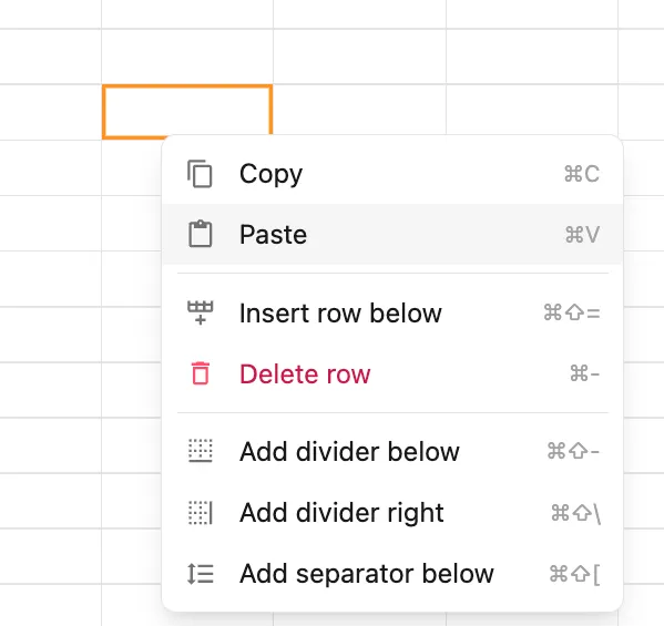Right-click menu to paste