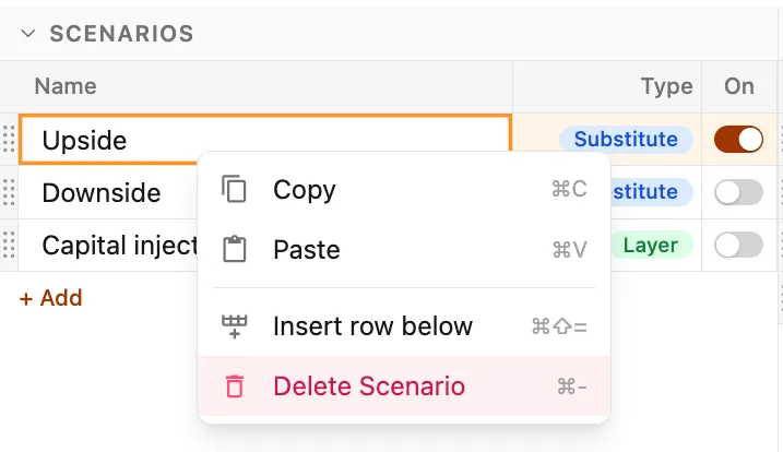 Delete scenario menu