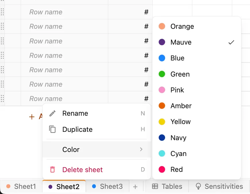 Sheet color menu