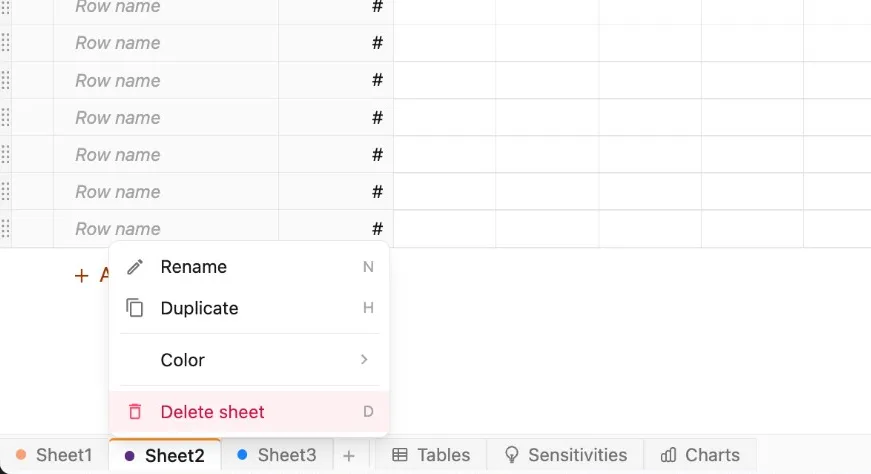 Sheet delete menu