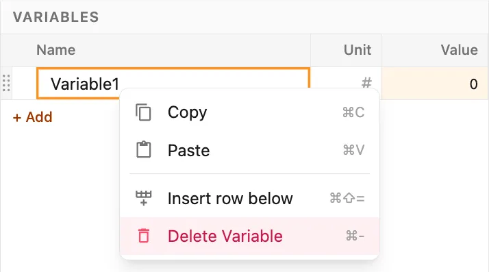 Delete variable menu
